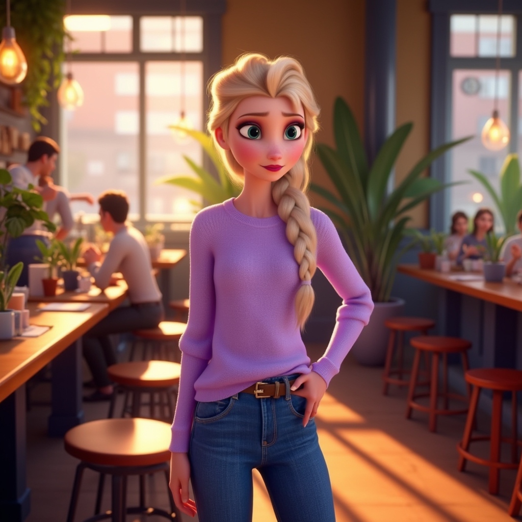 Elsa in her mid-twenties, dressed in a stylish, modern outfit which consists of a soft, fitted lavender sweater and tailored denim jeans. She stands confidently in a bustling urban café, surrounded by wooden tables and potted plants, with sunlight streaming through large windows illuminating the scene. The atmosphere is vibrant and lively, filled with the sounds of soft chatter and coffee machines. The warm golden hues of the sunlight create a cozy ambiance, contrasting with the cool colors of the café decor. The scene captures a hyper-realistic style, highlighting intricate details in her expression and clothing textures.