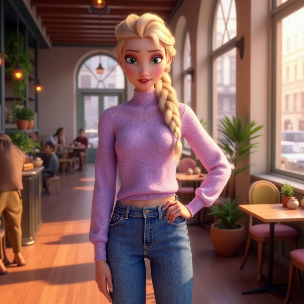 Elsa in her mid-twenties, dressed in a stylish, modern outfit which consists of a soft, fitted lavender sweater and tailored denim jeans. She stands confidently in a bustling urban café, surrounded by wooden tables and potted plants, with sunlight streaming through large windows illuminating the scene. The atmosphere is vibrant and lively, filled with the sounds of soft chatter and coffee machines. The warm golden hues of the sunlight create a cozy ambiance, contrasting with the cool colors of the café decor. The scene captures a hyper-realistic style, highlighting intricate details in her expression and clothing textures.
