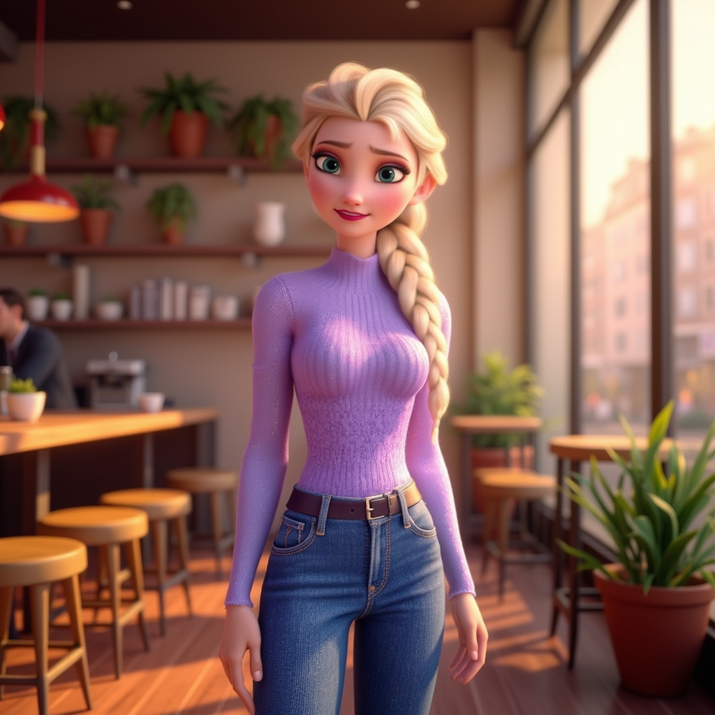 Elsa in her mid-twenties, dressed in a stylish, modern outfit which consists of a soft, fitted lavender sweater and tailored denim jeans. She stands confidently in a bustling urban café, surrounded by wooden tables and potted plants, with sunlight streaming through large windows illuminating the scene. The atmosphere is vibrant and lively, filled with the sounds of soft chatter and coffee machines. The warm golden hues of the sunlight create a cozy ambiance, contrasting with the cool colors of the café decor. The scene captures a hyper-realistic style, highlighting intricate details in her expression and clothing textures.
