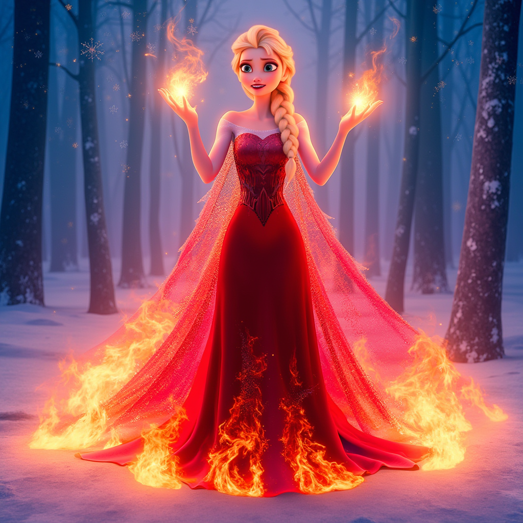 An enchanting fire elemental version of Elsa standing confidently, her long flowing red dress intricately designed with vibrant flames licking up the fabric, creating a mesmerizing dance of colors. The scene is set in a mystical winter landscape, with a stark contrast of icy snowflakes falling softly around her while warm embers swirl in the air, illuminating the scene with a radiant glow. The atmosphere is charged with a sense of power and transformation, as Elsa raises her hands, summoning fiery sparks that flicker with intensity. The lighting is a dramatic interplay of warm oranges and reds from her fire powers against the cool blues and whites of the snowy backdrop, creating a striking visual contrast. The artistic style is hyper-realistic, capturing the details of each flame and snowflake, evoking a sense of awe and wonder in this magical moment.