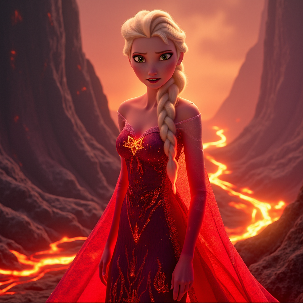 A striking female figure embodying Elsa from Frozen, but reimagined with fiery powers. She has white-blonde hair that transitions into vibrant streaks of orange and red, mimicking flickering flames. Adorned in a stunning, form-fitting red dress that features intricate flame patterns swirling around the fabric, the dress glows with a warm, luminous aura as if ignited by an inner fire. The scene unfolds in an otherworldly, molten landscape, with rivers of glowing lava cutting through a dark volcanic terrain, and towering cliffs wreathed in smoke. The mood is intense and powerful, evoking a sense of strength and majesty. The atmosphere crackles with energy, as embers dance through the air, and the temperature seems palpably high. Lighting plays a crucial role; warm hues of red, orange, and gold illuminate the scene, casting dynamic shadows that accentuate her fierce expression and commanding presence. The artistic style is hyper-realistic, capturing the intricate details of her dress.
