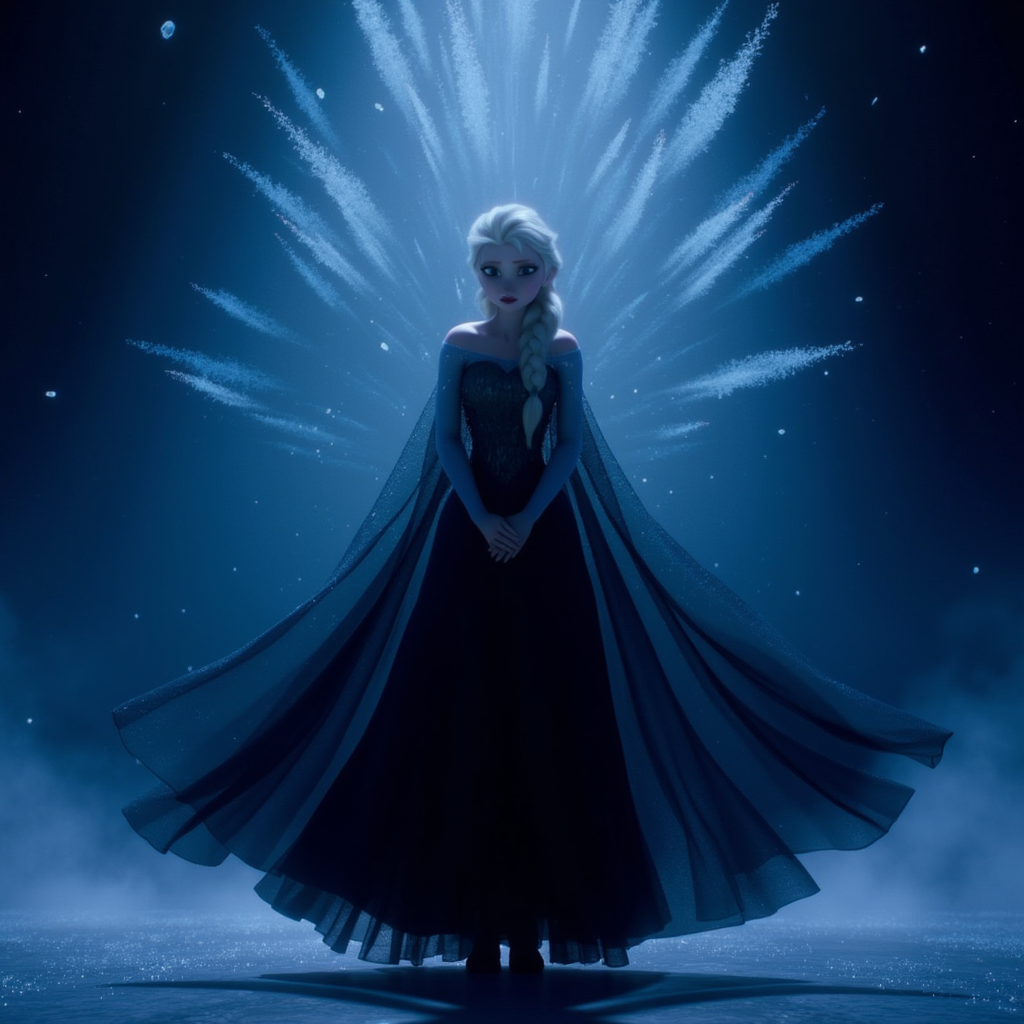 Elsa representing silence and the void. Her gown is black and translucent, absorbing light. She erases matter with grace. Background: floating in negative space, particles vanishing around her.