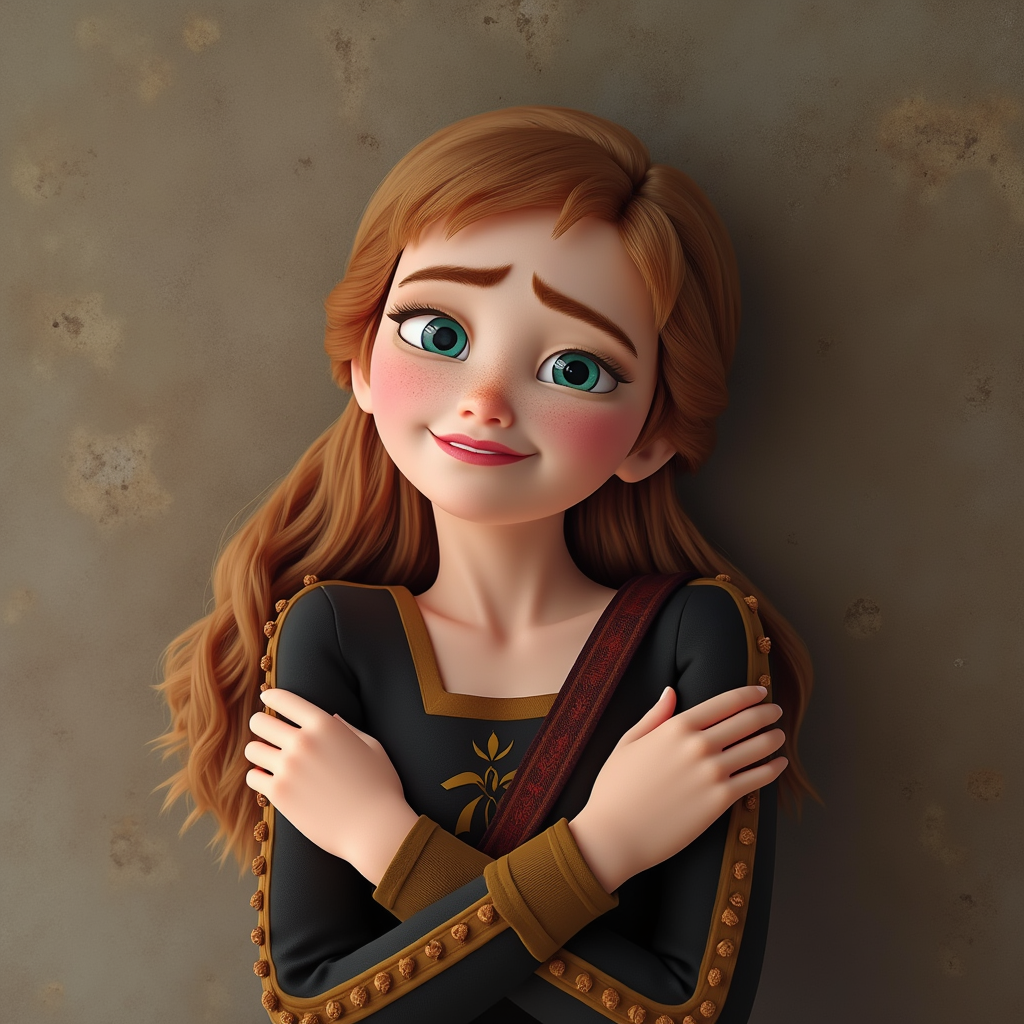 anna with her ams crossed around herself like hugging, crying