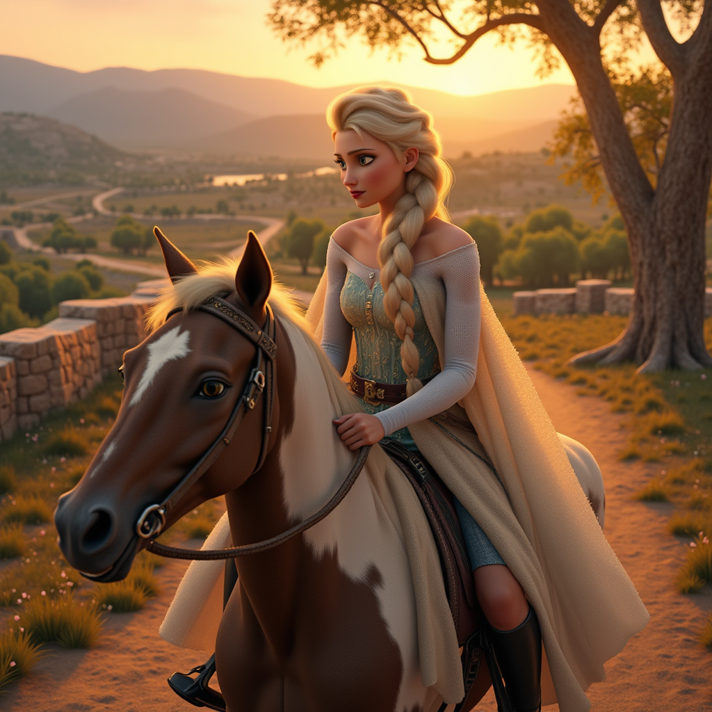 Hyper-realistic Elsa riding a dappled Andalusian horse through Huérmeces del Cerro at dusk. She wears a pale woolen cloak, her braid loose over one shoulder, shimmering with dew. The horse moves steadily along a dirt path lined with ancient stone walls and blooming wild herbs. Her gloved hand strokes its warm neck as golden light filters through almond trees. Background: rolling hills, scattered farmhouses, distant limestone cliffs bathed in sunset. A soft breeze stirs dust and petals alike. Elsa’s expression is serene, thoughtful—part explorer, part guardian of forgotten lands. Earthy, radiant, timeless.