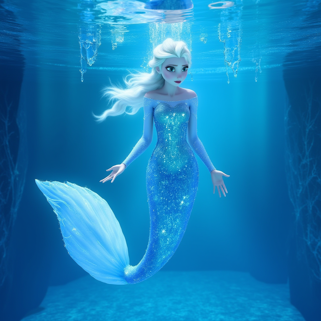 Hyperrealistic aquatic fantasy portrait of Elsa as a futuristic Arctic mermaid queen. Her tail is made of shimmering polar crystal scales, transitioning from icy blue to translucent white, with glowing circuit-like patterns. She wears a chestplate of bioengineered coral fused with frost, and her arms are adorned with iridescent finned bracers. Her crown is composed of floating shards of ice levitating magnetically above her head. Her long hair floats ethereally in the water, glowing softly like bioluminescent snow. She swims in a subglacial ocean city with glowing glaciers, robotic marine creatures, and ice ruins from a forgotten civilization.