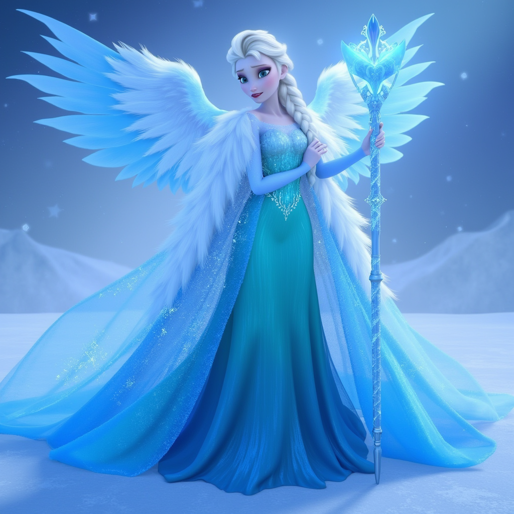 Hyperrealistic crossover concept of Elsa merged with legendary Pokémon from the Ice type category. She wears a regal battle gown inspired by Articuno’s wings—feathered frost cape with streaks of cerulean, long crystalline gloves, and a tiara shaped like Regice’s crest. Her eyes glow faintly like Kyurem’s, reflecting immense ancient magic. Her body emanates cold mist, and her staff is a hybrid of Glaceon’s tail and a magical snow wand. She’s surrounded by auroras and floating runes in a wintry battlefield as the sky darkens and snow begins to fall. Legendary Pokémon like Articuno and Glastrier appear in the distance, drawn to her power.