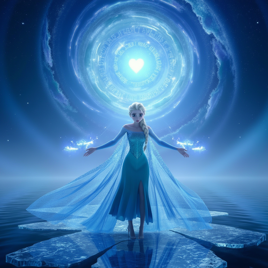 Hyperrealistic cinematic cover art of Elsa as a divine catalyst in a shattered, post-apocalyptic world. She stands barefoot on cracked ice floating over a dark ocean, arms extended as if invoking the end or rebirth. Her dress is a flowing gown of fractured crystal and smoke, shifting between light and shadow. Her eyes glow with white fire, tears of frost fall upward. Behind her, a sky of swirling ash, auroras, and burning stars forms a spiral, like a celestial eye. The phrase ‘The Catalyst’ glows faintly in broken runes across a ruined temple in the distance. Her magic explodes outward in rings of blinding energy and snow, purging the chaos around her