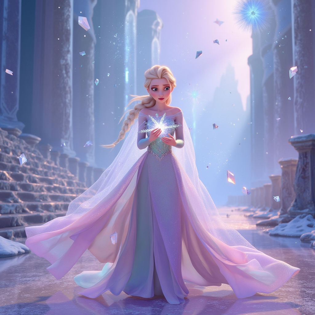 Hyperrealistic ethereal portrait of Elsa standing in a ruined crystalline city bathed in soft, iridescent light. She wears a flowing, delicate gown made of shimmering silk and broken glass, colors shifting like morning dew—lavender, gold, soft blues. Her expression is calm but mournful, eyes filled with tears of light. She holds a glowing snowflake in her hands, slowly dissolving. Around her, shards of mirrors float mid-air, reflecting memories and flickers of a lost world. The sky above her is fractured but healing, with rainbow halos and falling feathers of light. The mood is emotional, fragile, and full of quiet hope—capturing the soul of ‘Iridescent.’