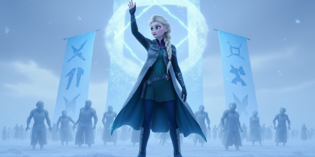Hyperrealistic portrait of Elsa as a powerful revolutionary leader standing atop an icy platform during a snow-covered uprising. She wears a modern battle-ready outfit—dark tactical coat lined with silver embroidery, reinforced boots, and glowing icy armor accents on her shoulders and gloves. Her braid is slightly windswept, her eyes sharp with resolve. Behind her, an army of abstract frozen figures—representing the silenced and oppressed—emerge from the snow like statues reawakened. She raises one hand forward, forming a large crystalline sigil in the air, a symbol of resistance. Snow falls gently, illuminated by cold blue light from massive rune-like banners glowing behind her. The sky above is overcast, but streaked with a pale aurora, hinting at hope beyond defiance. Her stance is bold and upright, a beacon of control, unity and unbreakable will.