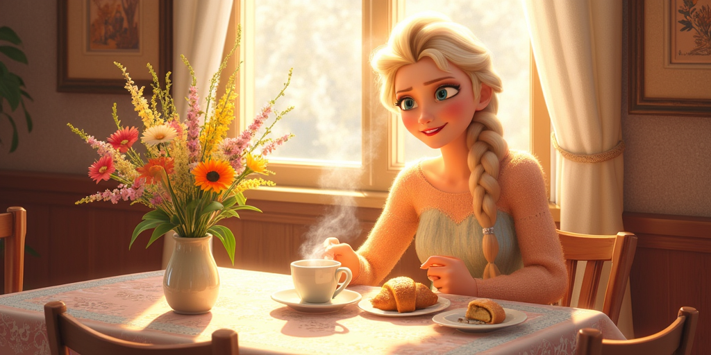 A cozy breakfast scene featuring a cheerful young woman named Elsa sitting at a rustic wooden table. She is wearing a soft, pastel-colored sweater, savoring a steaming cup of coffee and a freshly baked croissant, surrounded by a vase of vibrant wildflowers. Sunlight streams through the window, casting warm golden hues across the room, highlighting the delicate patterns of the tablecloth. The atmosphere is inviting and serene, evoking a sense of comfort and tranquility. The artistic style is warm and inviting, reminiscent of impressionist art, with soft brush strokes that enhance the morning glow.