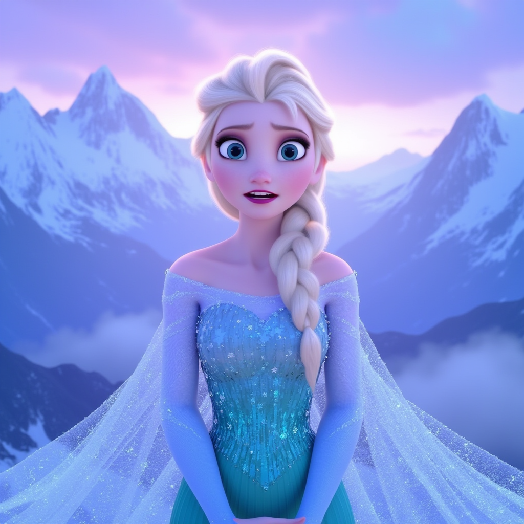 A majestic Queen Elsa, with her iconic platinum blond hair cascading in elegant braids, stands atop a frosty mountain peak. She wears a shimmering, ice-blue gown adorned with intricate snowflake patterns that glisten in the light. Behind her, a breathtaking icy landscape stretches as far as the eye can see, with towering glaciers reflecting the sunlight and a sky painted with hues of deep purple and twilight blue. The atmosphere is filled with a mix of serenity and intensity, as her powerful voice echoes through the crisp air, conveying deep emotion. Soft, ethereal light filters through the clouds, casting a magical glow around her, creating an enchanting ambiance. The scene is rendered in a hyper-realistic style, capturing every detail of her expression and the surrounding winter wonderland.