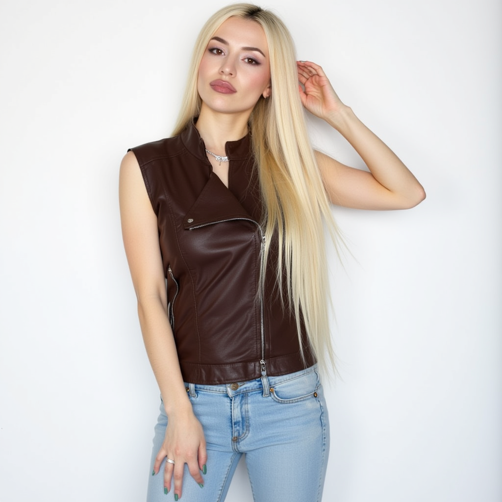 Ava Max posing against a plain white background, wearing a stylish dark brown vest and light blue jeans. Her long, straight blonde hair cascades over her shoulders, with one hand resting on her head. The outfit showcases her modern and edgy fashion sense while emphasizing a casual yet chic aesthetic.