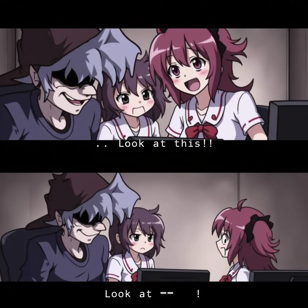 Silly billy, scene with subtitles "Look at this!". 2 girls looking at their older brother's computer. Black borders on top and bottom of the image. Silly billy.