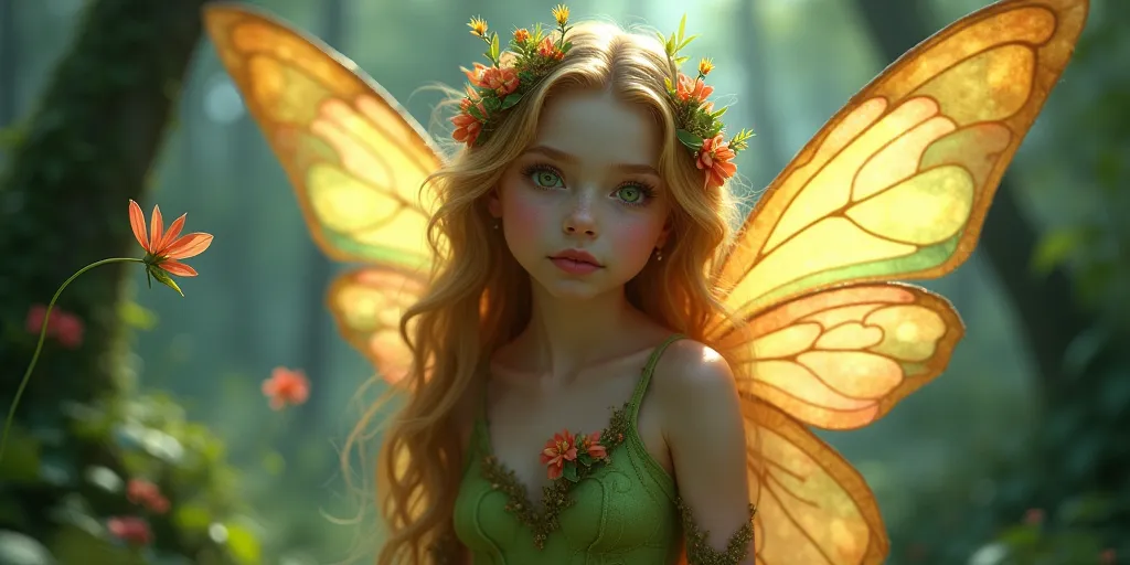 Fairy girl, fantasy illustration, whimsical, enchanted forest, glowing wings, delicate features, ethereal atmosphere, vibrant colors, inspired by Brian Froud and Alan Lee, intricate details, soft light, UHD, professional, bokeh, wide angle.