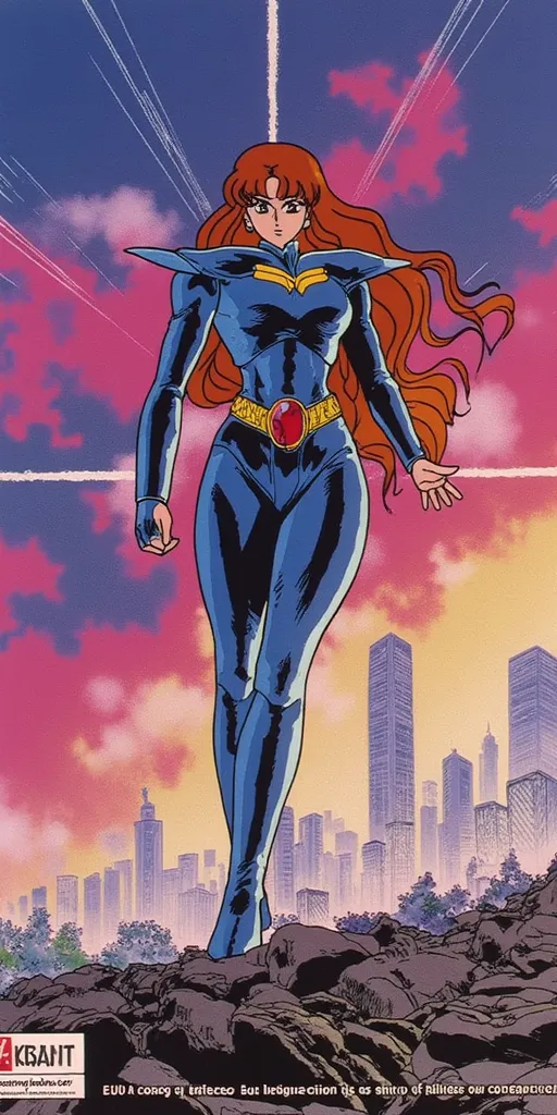 Uma guerreira imponente, vestindo uma armadura reluzente de tonalidades azul e prata, inspirada no estilo do anime Saint Seiya. Sua armadura possui detalhes elaborados, com símbolos místicos que brilham levemente. Ela tem cabelos longos e prateados, esvoaçando ao vento forte, e uma expressão determinada em seu rosto, com olhos que refletem coragem e resoluta força. O cenário ao redor é apocalíptico, com ruínas de uma antiga cidade em colapso, fumaça e destroços espalhados pelo chão. O céu está carregado de nuvens escuras, tingido com tons de laranja e vermelho por conta do crepúsculo, criando uma atmosfera tensa e dramática. Raios de luz esporádicos atravessam as nuvens, iluminando a guerreira em ângulos dinâmicos que acentuam sua pose de combate. O estilo artístico é uma combinação de hiper-realismo com elementos estilizados, capturando tanto a grandiosidade da batalha quanto a beleza estética da armadura e do cenário devastado.