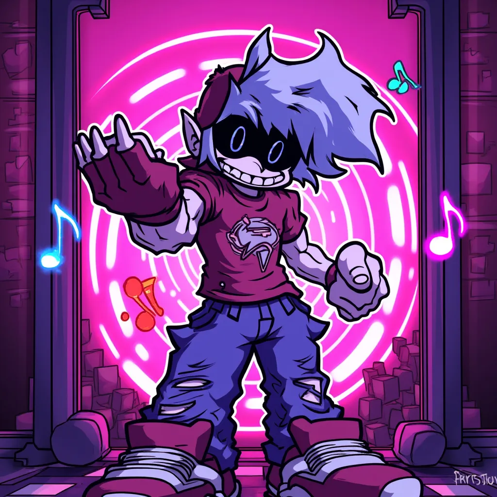 Whitty character in a Friday Night Funkin' hit single style, digital illustration, vibrant colors, cartoonish, inspired by retro game aesthetics, 2D animation style, simplistic block shading, bold lines, fan art inspirations, front view, dynamic pose, action-packed, (rhythm game vibe:1.3), (artstation:1.1), bright neon lighting, medium shot, detailed background with musical notes floating around, 4K resolution.