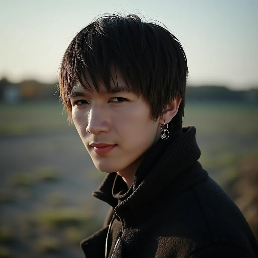 Nickitoshi as a handsome k-pop idol, Jungkook hairstyle and earrings, outdoor setting, realistic photograph, highly detailed, dramatic lighting, side view, 35mm lens, high resolution, natural colors, ambient light, cinematic style, 26K