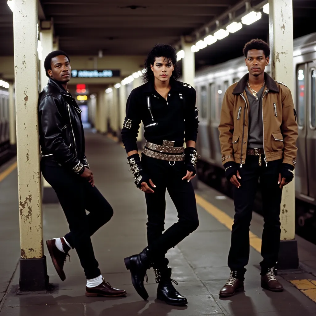 Create a scene in a subway station featuring Michael Jackson during his 'Bad' era, dressed in his iconic black leather outfit with buckles and straps. He is hanging out with a couple of gangsters wearing streetwear and leather jackets, casually leaning on subway pillars. The atmosphere is gritty, with dim lighting and a train in the background. Michael stands confidently, blending into the urban environment while maintaining his signature style."