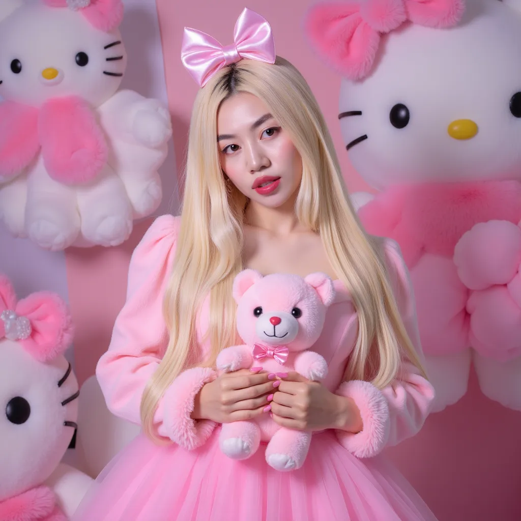 amanda koci wearing a puffy pink dress holding a teddy bear, no makeup look, long blonde hair, k-pop music video, hello kitty 