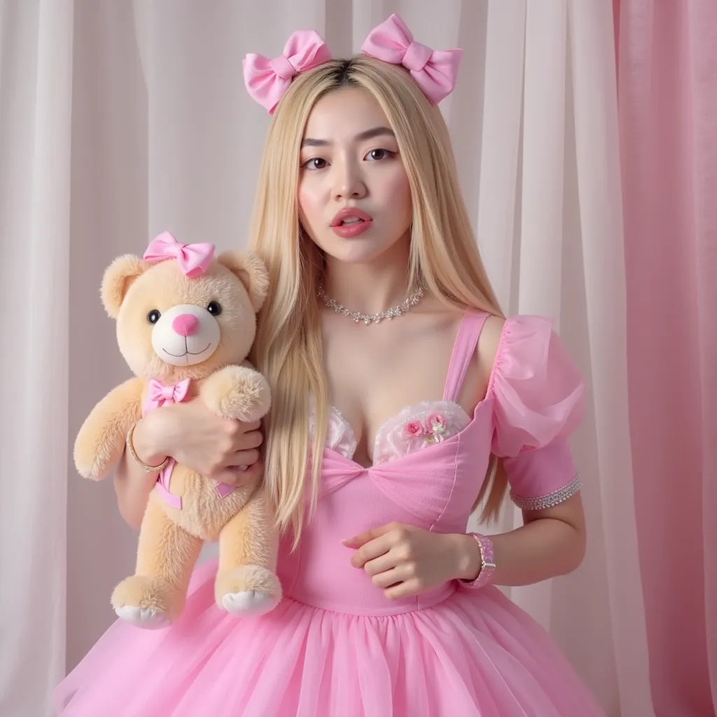 amanda koci wearing a puffy pink dress holding a teddy bear, no makeup look, long blonde hair, k-pop music video, hello kitty 