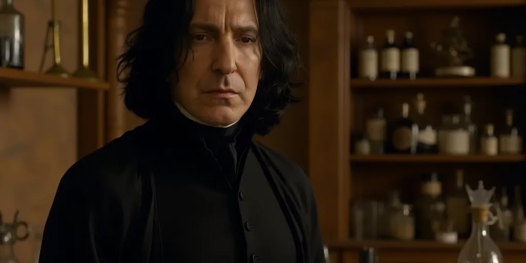 A close up scene featuring 35 year old Severus Snape in a his black robes Standing alone of potion classroom warm wooden tones and soft, diffused lighting that highlights the delicate details of the scene. Shelves with jars on background.  The atmosphere should feel formal yet subtly humorous