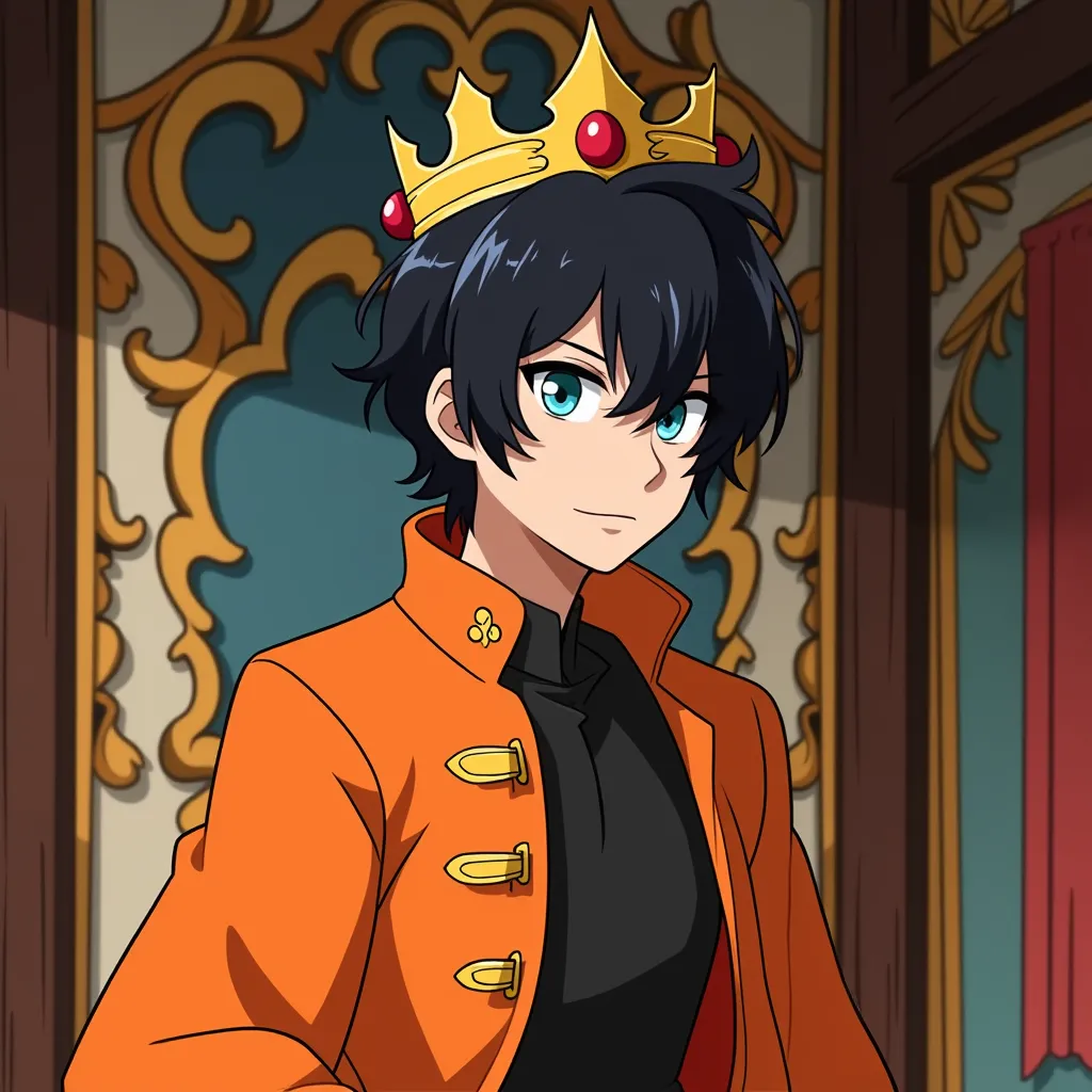 Man with an orange jacket and dark hair wearing a crown, digital illustration, anime style, inspired by Studio Ghibli and Hayao Miyazaki, indoor setting with ornate decorations, vibrant colors, intricate details, close-up shot, 35mm lens, soft lighting, 4K resolution, (artstation:1.2), (detailed:1.25).
