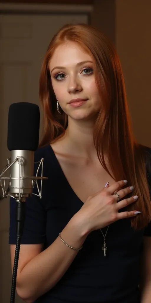 Liliana Mumy with nails recording session and microphone in the studio 