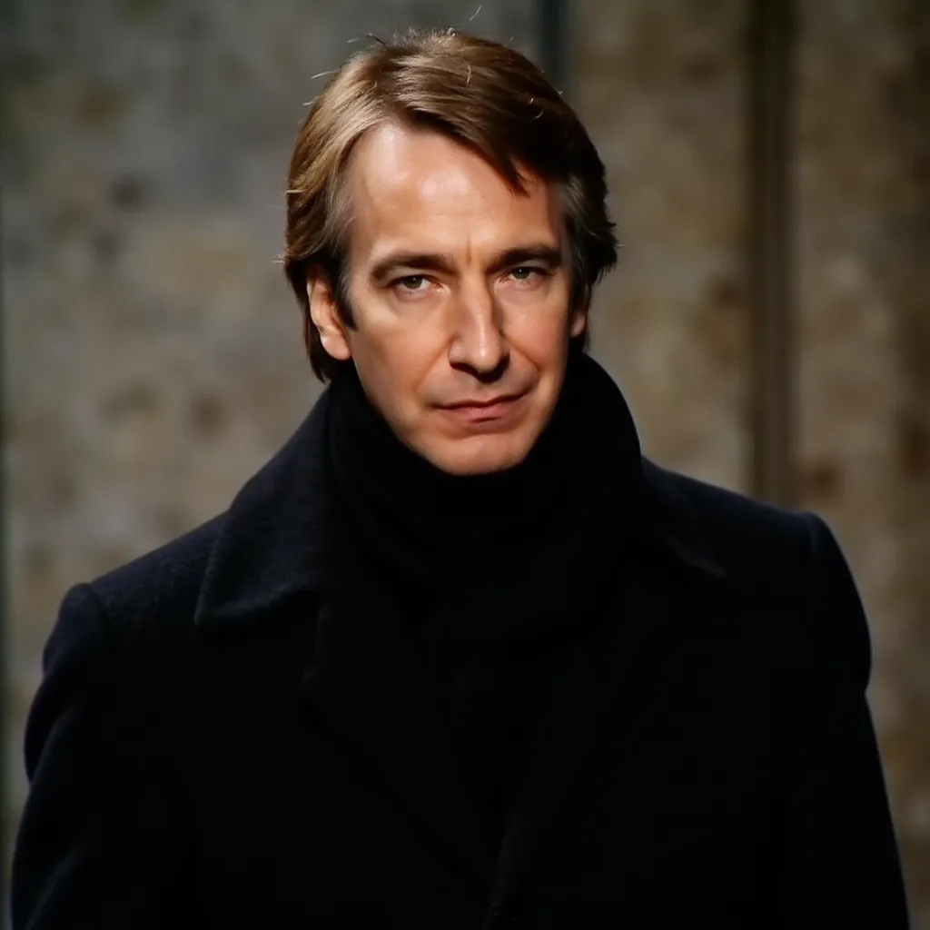 young Alan Rickman, standing in a mysterious, brooding pose. His dark, high-collared coat covers his neck, emphasizing the intensity in his expression. His light brown hair is swept to the side, slightly disheveled, adding a rugged yet refined look. The man gazes directly at the camera with a piercing, thoughtful expression, his face partially in shadow. The background is blurred and muted, with soft, neutral tones that enhance the dramatic lighting on his face, giving the image a cinematic and moody feel.

