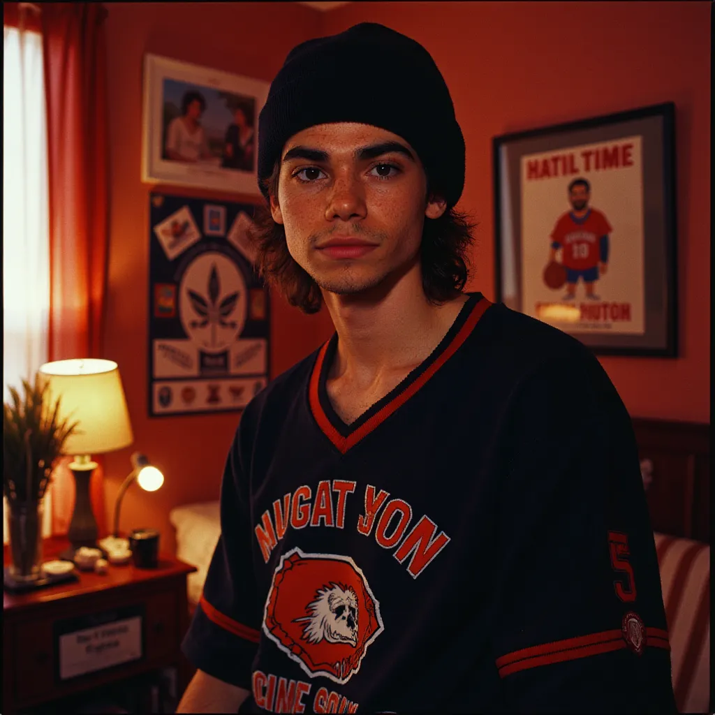 Cameron Boyce room nighttime in nyc fun hair beanie oversized jersey 90s vibes outfit vintage retro film camera photo skate boy vibes