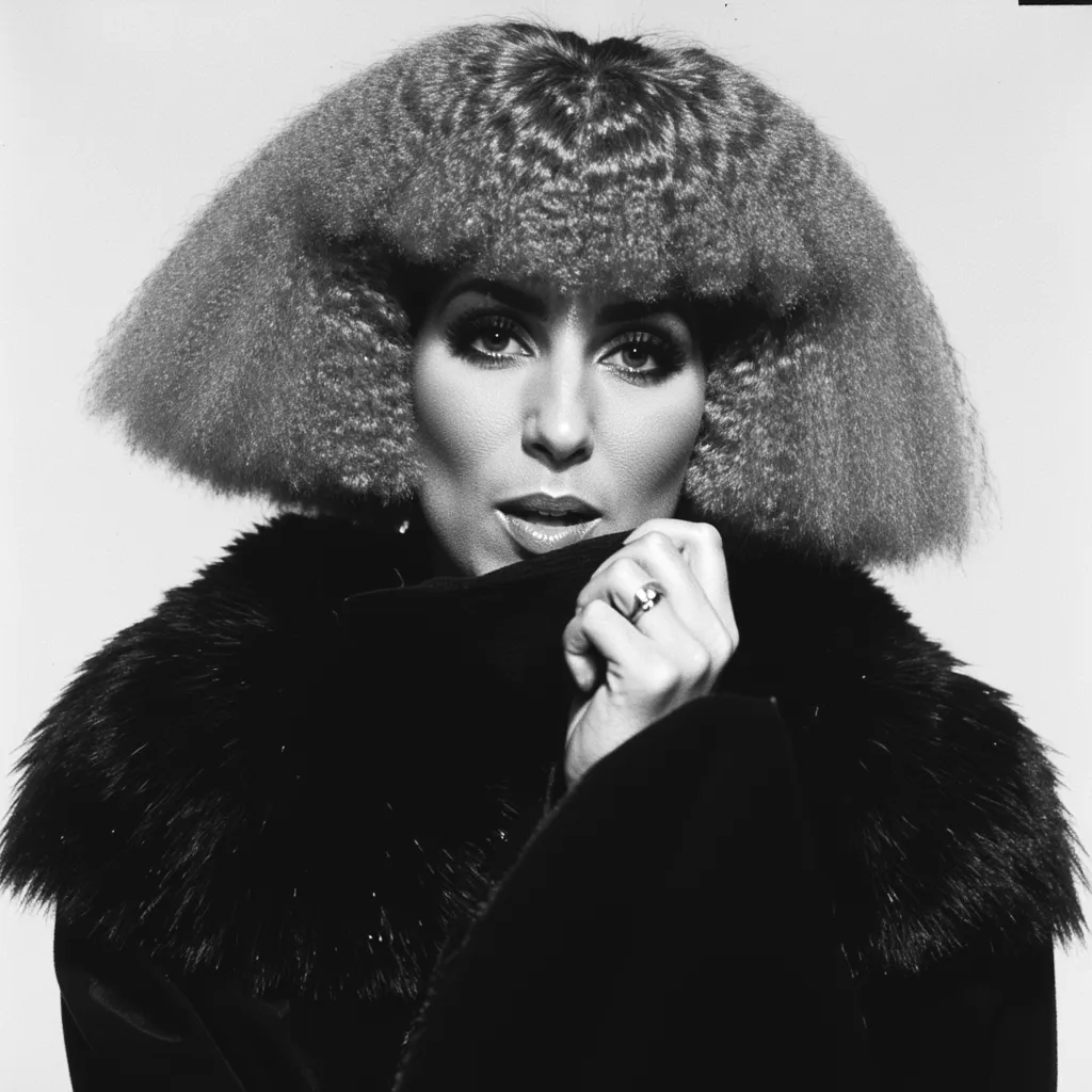 Black and White  front face photo of Cher, with large angular orange crimpy bob with bangs, large black shiny coat, with the latex coat colllar covering the mouth, hand holding collar, slightly tilted