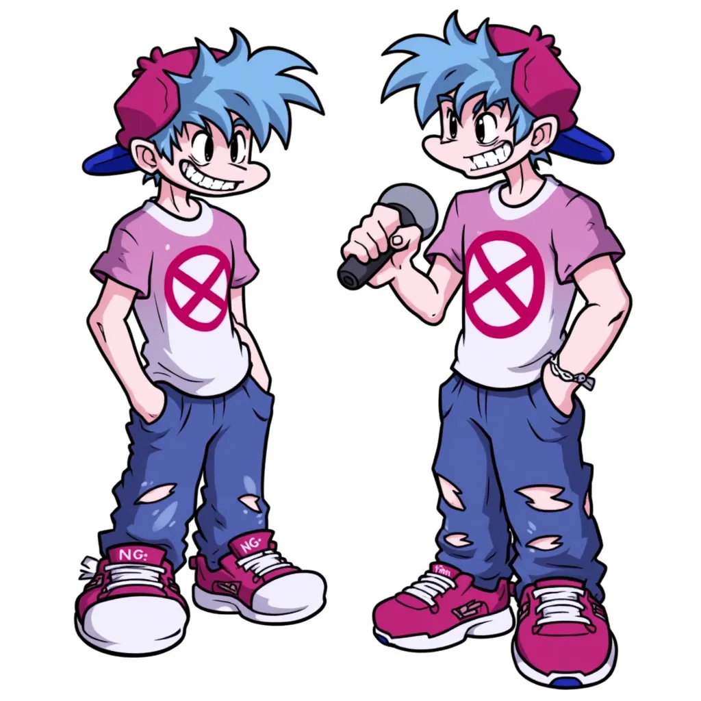 Boyfriend from Friday Night Funkin, Boyfriend is a young man with light skin and spiky cyan hair. He wears a backward pink-red cap with a blue brim, a magenta-white short-sleeved T-shirt with a red prohibition sign, baggy blue pants, and pink-red sneakers with magenta-white shoelaces and soles, as well as small holes on the quarters and the letters "NG" engraved on the outsoles. He holds a bluish-gray microphone in his right hand while keeping his left hand in his pocket. In his idle animation, he wears a confident grin.