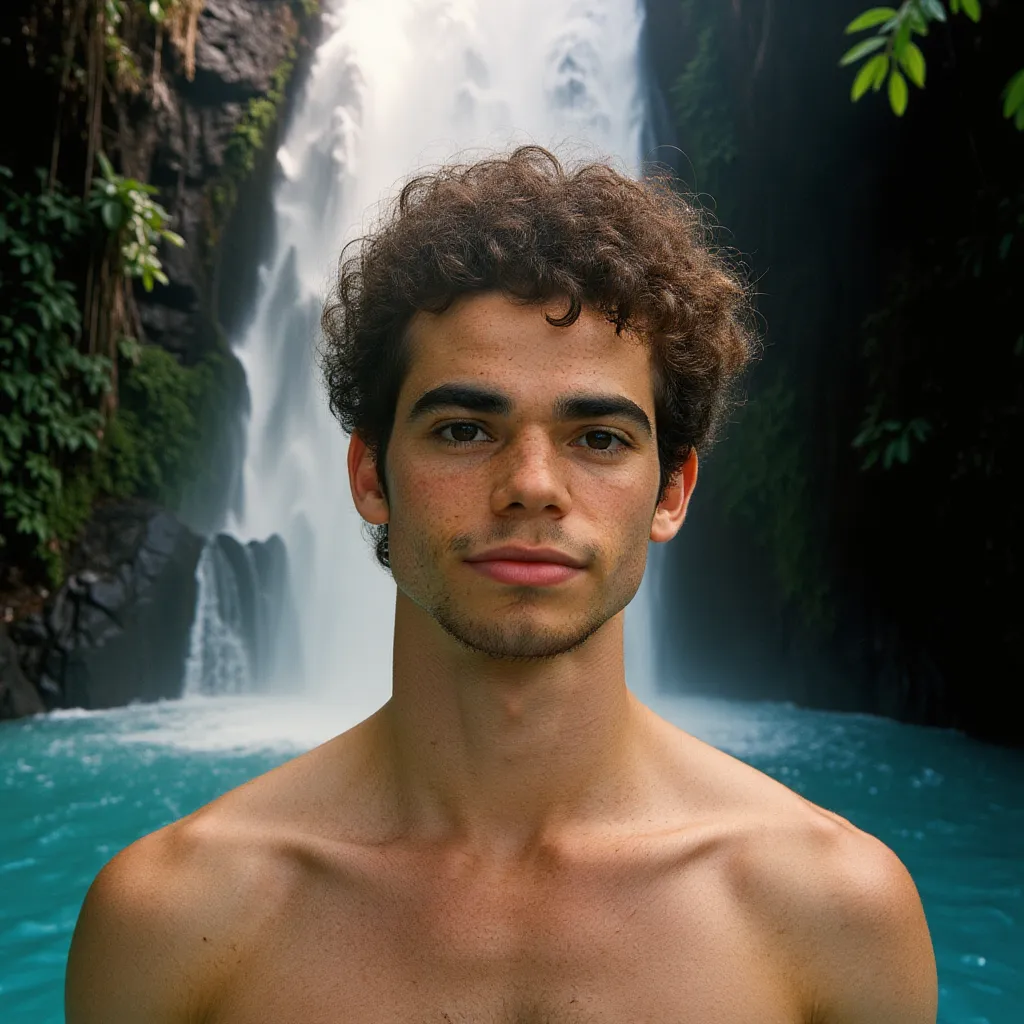 Cameron Boyce underneath waterfall in Hawaii hair vintage retro film camera photo shoot  light orange close up