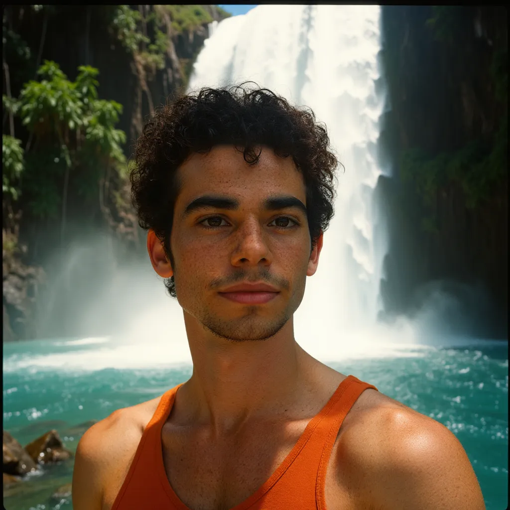 Cameron Boyce underneath waterfall in Hawaii hair vintage retro film camera photo shoot  light orange close up