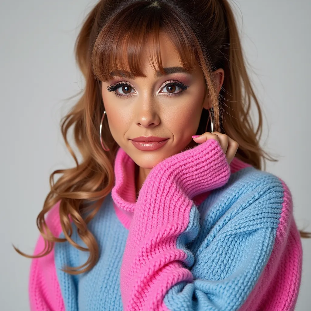 Wearing pink and blue sweater with 80s styled hair and 80s styled makeup. 