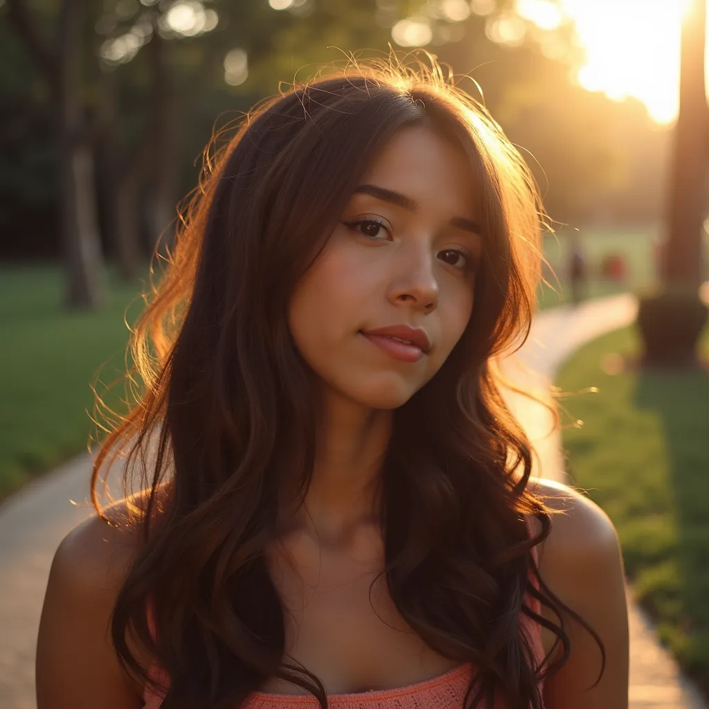 Golden Hour Serenity: Pokimane, lost in thought, strolling through a serene park at dusk, surrounded by soft evening ambient lights that dance across her features. The vintage film photograph captures a candid moment of introspection, set against a bokeh background where smoke (smoke:1.2) gently curls in the air. The medium telephoto lens and high resolution bring out the nuances of her expression, while the natural colors (natural colors:1.3) remain vivid and true. The artistic composition focuses on evoking an emotive atmosphere, as if time itself has paused to capture this fleeting moment of quiet contemplation.