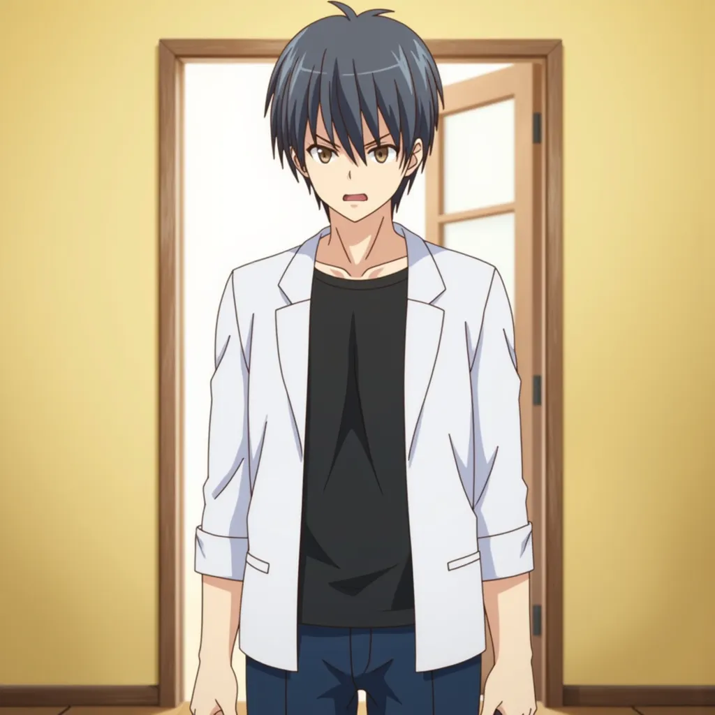 best quality, high quality, masterpiece, 4K, 8K, ((KouzukaMamoru; 1boy, solo, angry frown, brown eyes, with eyes, mouth open, black t-shirt inside a white jacket with long sleeves folded at the arms, arms slightly open at sides, fists closed, blue jeans pants, standing)), inside a room with light yellow walls at the entrance door
