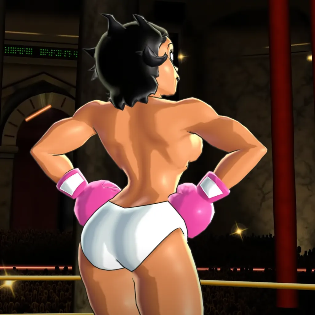 punchoutstyle female Betty Boop wearing white boxer shorts and wearing pink  boxing gloves in the boxing ring, arched back, twerking, hands on hips, side view