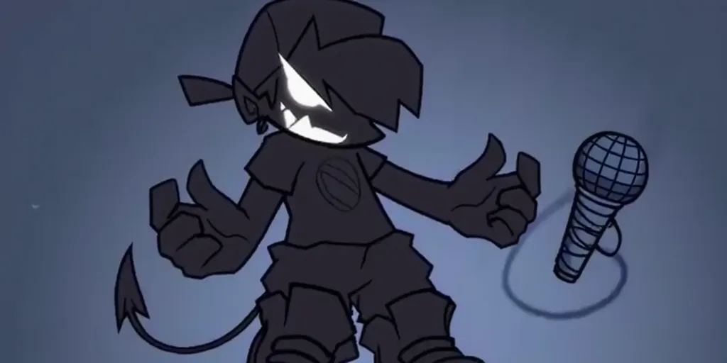 Soul Boyfriend appears very similar to Boyfriend. However, he is depicted as looking like a shadow of Boyfriend with glowing white eyes and mouth. He is also has a devil tail. "Wake up!" The words.  A dynamic pose. In his right hand, he holds a bluish-gray microphone, floating in the air.