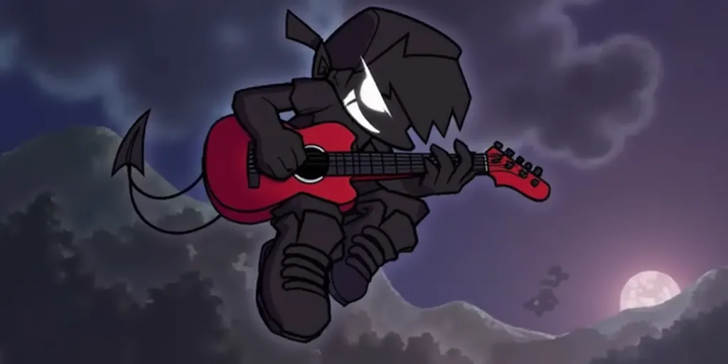 Soul Boyfriend appears very similar to Boyfriend. However, he is depicted as looking like a shadow of Boyfriend with glowing white eyes and mouth. He is also has a devil tail. A dynamic pose. In his right hand, He has a red guitar. floating in the air.