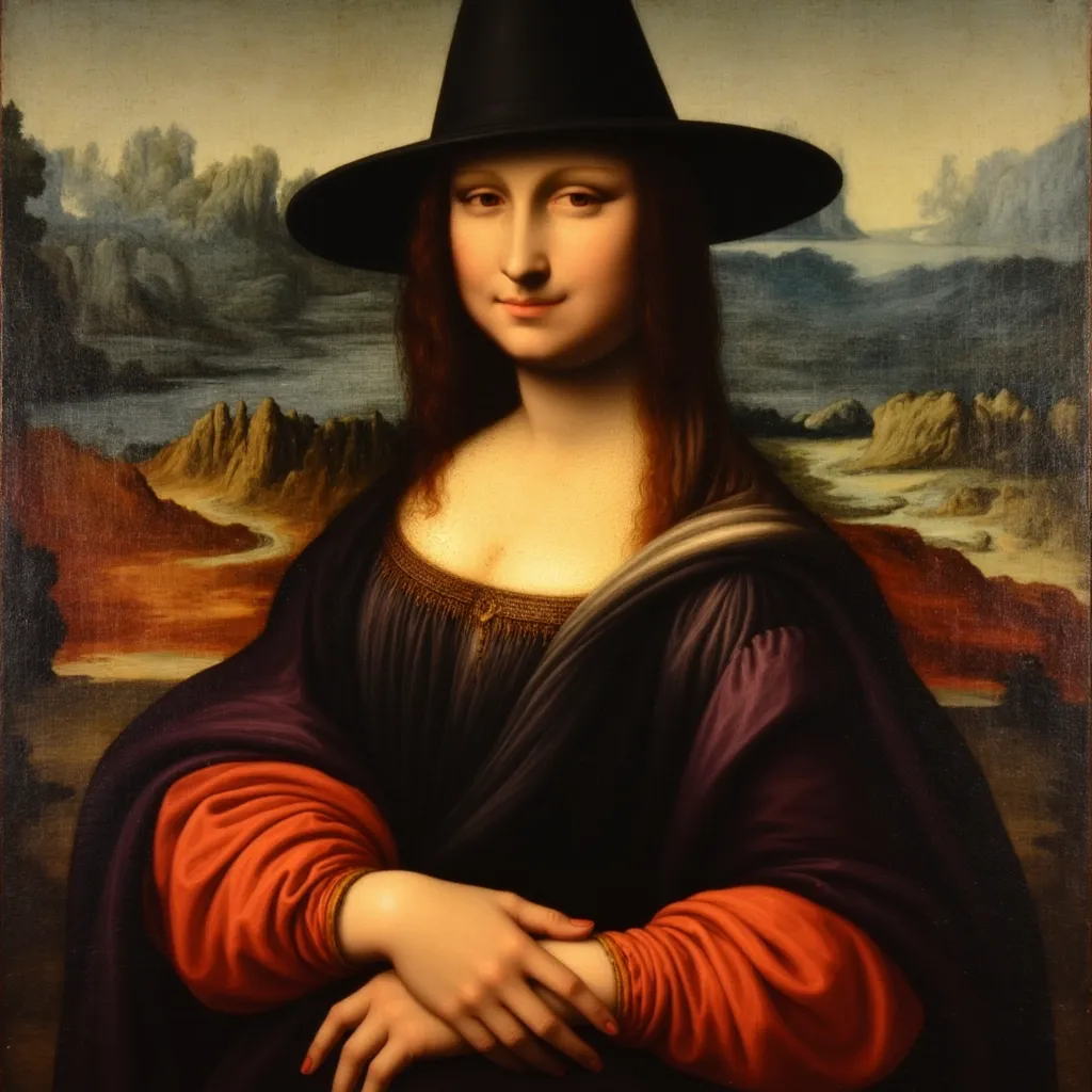 Mona Lisa as a witch wearing purple, black, and orange with a pointy black hat on