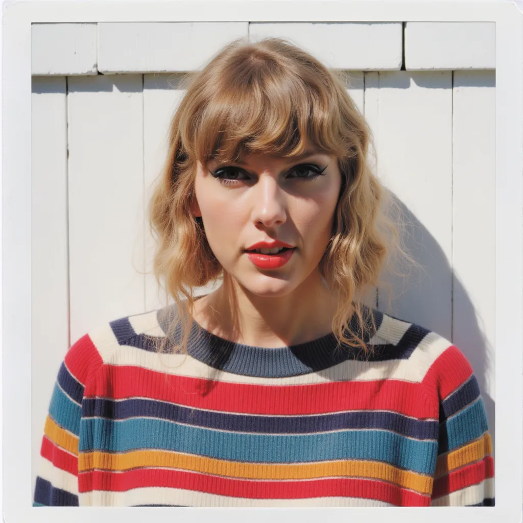 A close-up polaroid of Taylor Swift against a bright white wood wall background. She is wearing a colorful, striped sweater and her hair is styled with bangs, swept partially across her forehead. The lighting accentuates her makeup, including winged eyeliner and red lipstick. Her expression is poised and confident.