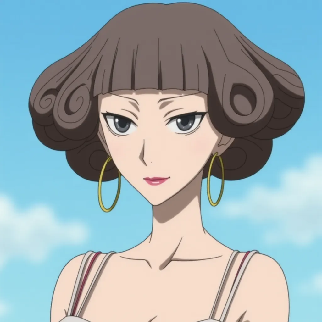 An anime-style character with unique circular hair, large hoop earrings, and a confident expression. The character has a light complexion, sharp eyes, and is wearing a white top with thin straps. The background is a clear blue sky with some clouds.