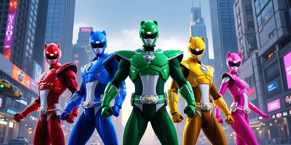 A dynamic scene featuring five futuristic Power Rangers standing heroically in a high-tech urban landscape of Cyber 2030. The male Rangers include a muscular Red Ranger with a sleek, armor-like suit that reflects a bold crimson hue, a Blue Ranger with sharp angular features and glowing blue accents, and a robust Green Ranger sporting a vibrant emerald suit adorned with intricate silver patterns. The female Rangers showcase a fierce Yellow Ranger clad in a vibrant, sunlit yellow outfit enhanced with shimmering metallic details, and a striking Pink Ranger with a stylish suit in vibrant pink, integrating neon highlights. 

The backdrop is a bustling metropolis filled with towering skyscrapers and digital billboards, casting a futuristic vibe. Hovering vehicles zip by, and the streets buzz with energy. The atmosphere is charged with excitement and courage. The lighting is a blend of neon blues, greens, and pinks, creating a dramatic contrast against the twilight sky. The scene is infused with a stylized comic book aesthetic, emphasizing bold lines, vibrant colors, and dynamic poses, capturing the essence of action and adventure.