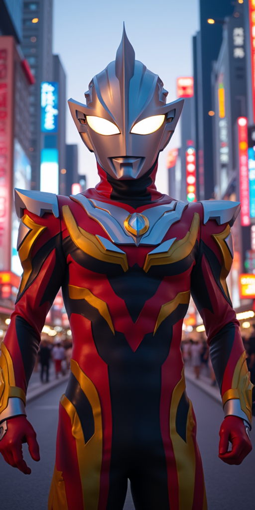 A heroic figure clad in an Ultraman Ryuki costume, featuring a striking palette of Chinese red, deep black, and vibrant yellow accents. The costume is intricately designed with sharp angular patterns that emphasize strength and agility. The helmet showcases a gleaming silver mask, reflecting the city's neon lights while housing fierce, expressive eyes that convey determination. 

The background is a bustling urban cityscape during twilight, with towering skyscrapers adorned with holographic advertisements and bright city lights flickering to life. The mood is dynamic and energetic, as people mill about the streets, creating a sense of urgency and excitement. 

The scene is illuminated by a blend of warm reds and cool blues, casting a mesmerizing glow over the character and surroundings, highlighting the metallic sheen of the Ultraman's costume. The artistic style is hyper-realistic, capturing every detail in vibrant clarity, making the character seem larger-than-life against the urban backdrop.