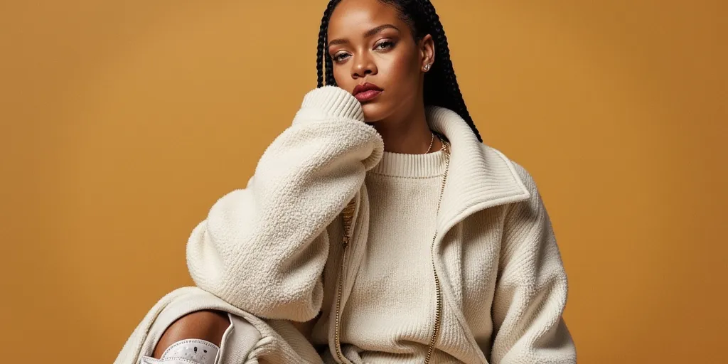 Rihanna, Ririh  , Posing for an editorial cover photo for Vogue magazine, oversized clothes, hip hop sneakers, Hair with braids,, fashionable and sophisticated modern 