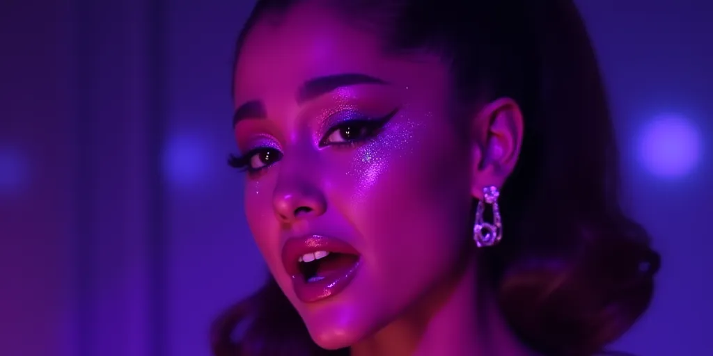 Ariana Grande, 90s photo, Movie still. Realistic. Purple and blue lighting. Glitter Makeup dripping from eyes. Crying 