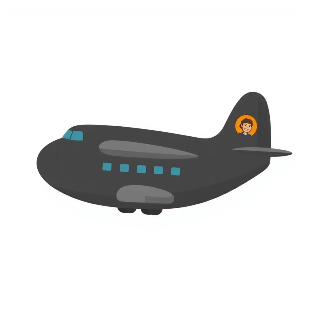 An animated, dark gray airplane with a rounded nose and multiple windows. The tail and side of the aircraft feature a circular emblem with a cartoonish figure. The design is simplistic, with minimal detailing, reflecting a stylized illustration rather than a realistic depiction.