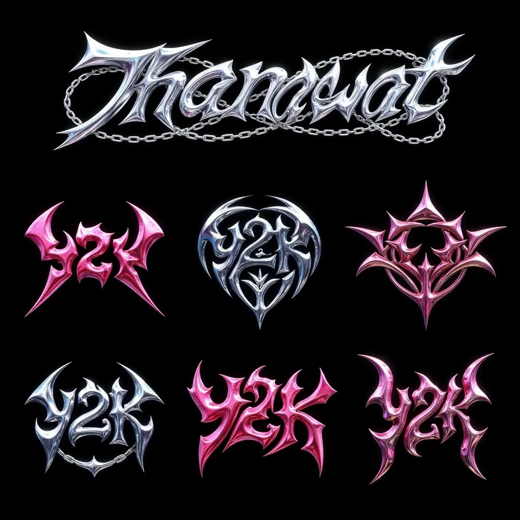 A collection of five vibrant, metallic y2klogos designs on a black background. The top text reads "Thanawat" in a silver, futuristic style entwined with chains.