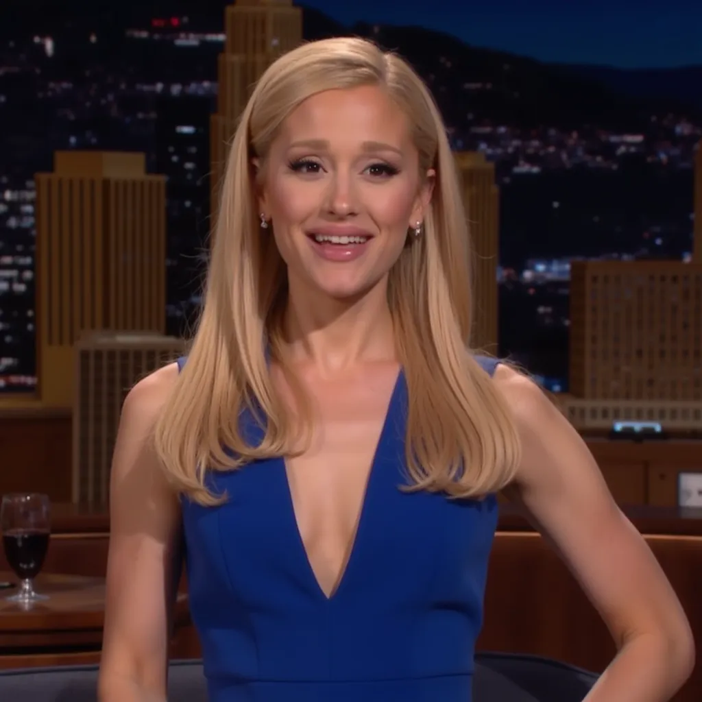 Ariana Grande in jimmy fallon in down hair smirking in blue dress outfit in aesthetic