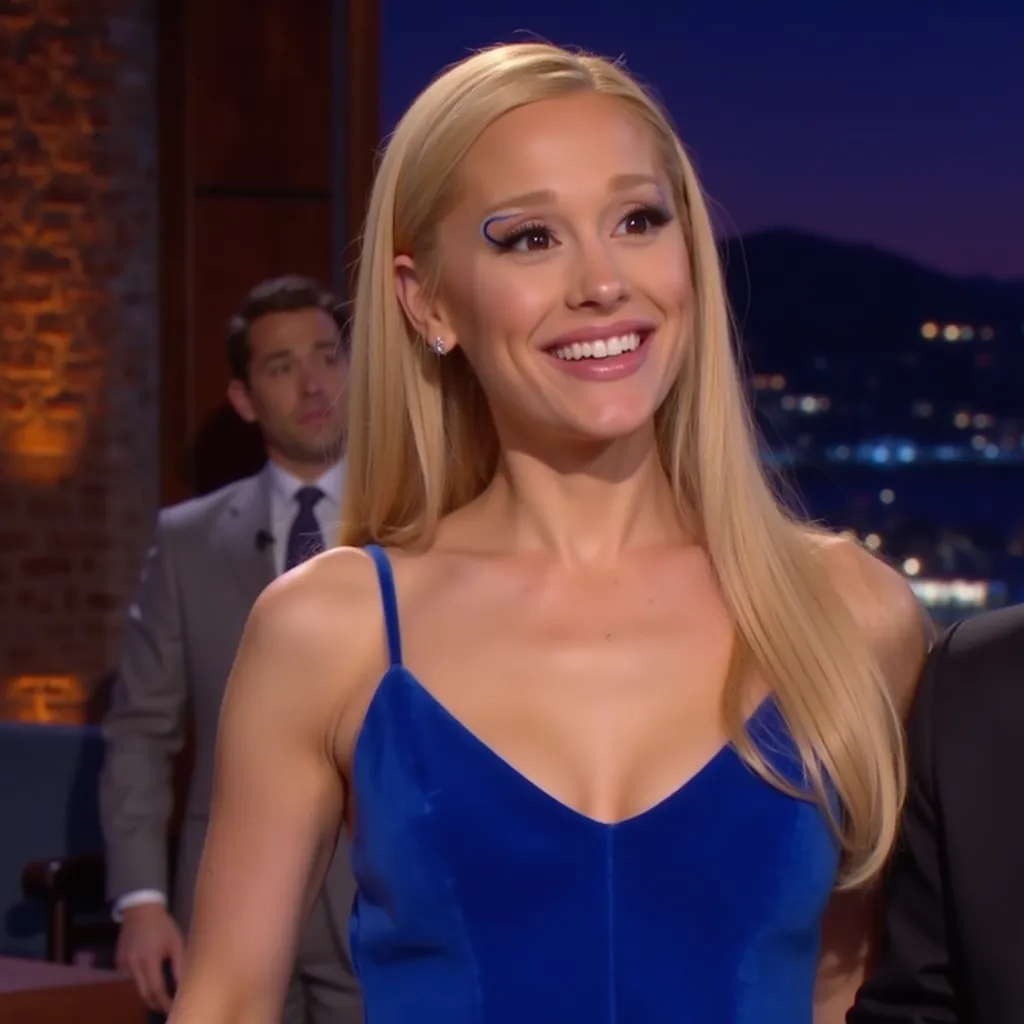 Ariana Grande in jimmy fallon in down hair smirking in blue dress outfit in aesthetic